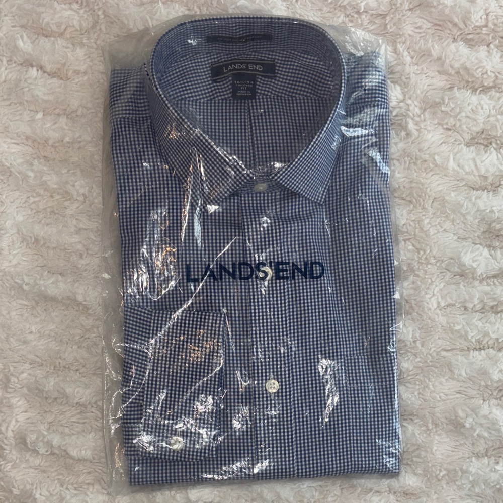Lands' End Men's Blue Checkered Dress Shirt